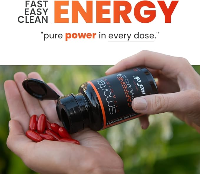 SmarterVitamins 200mg Caffeine Pills - MCT Oil from 100% Coconuts + 100mg L-Theanine Energy and Focus Extended Release Capsule 50 Liquid Softgels