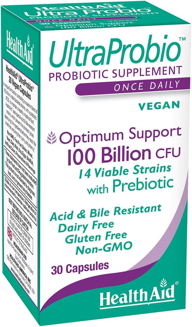 HealthAid UltraProbio 100 Billion 30ct Once Daily Capsules Optimum Support 100 Billion with Prebiotic Acid &amp Bile Resistant Non-GMO