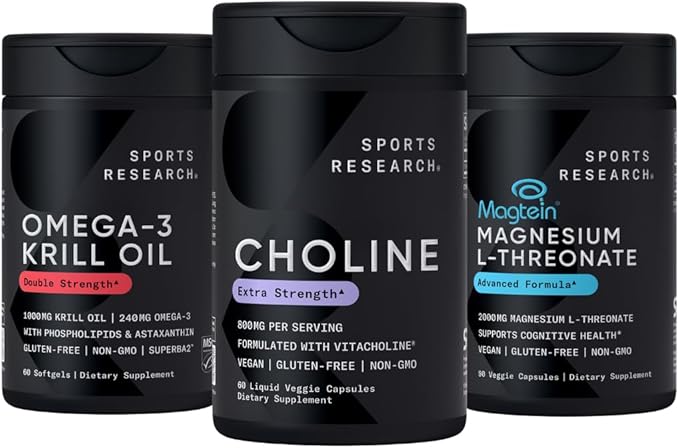Sports Research® Brain Support Pack - Extra Strength Choline 800 mg + Krill Oil Omega 3 1000mg + High-Absorption Magtein® 2000mg
