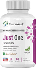 Just One Daily Methylated Multivitamin – Iron-Free with Methyl B12 &amp Methylfolate – Methylation Support for Men &amp Women – Vegan Gluten-Free Non-GMO – 60 Capsules (2-Month Supply)