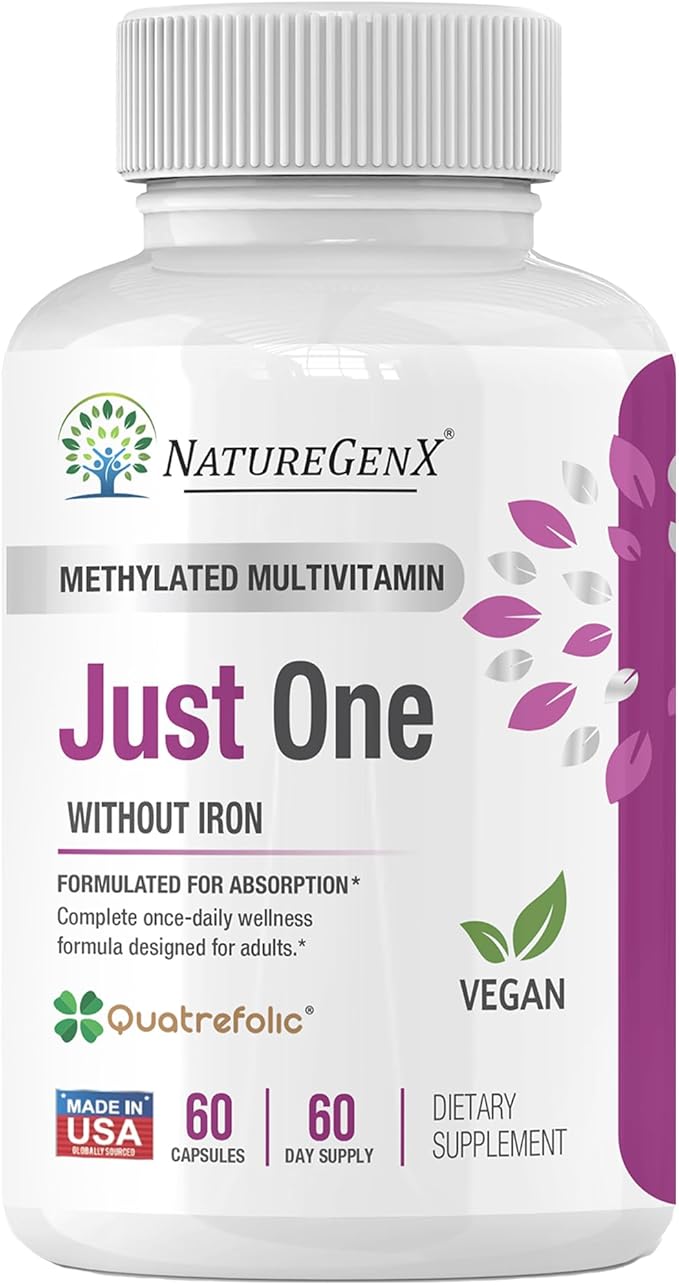 Just One Daily Methylated Multivitamin – Iron-Free with Methyl B12 &amp Methylfolate – Methylation Support for Men &amp Women – Vegan Gluten-Free Non-GMO – 60 Capsules (2-Month Supply)