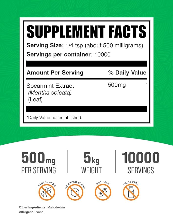 BulkSupplements.com Spearmint Extract Powder - Food-Grade Spearmint Powder Herbal Supplement - Vegan &amp Gluten Free 500mg per Serving 1kg (2.2 lbs) (Pack of 5)