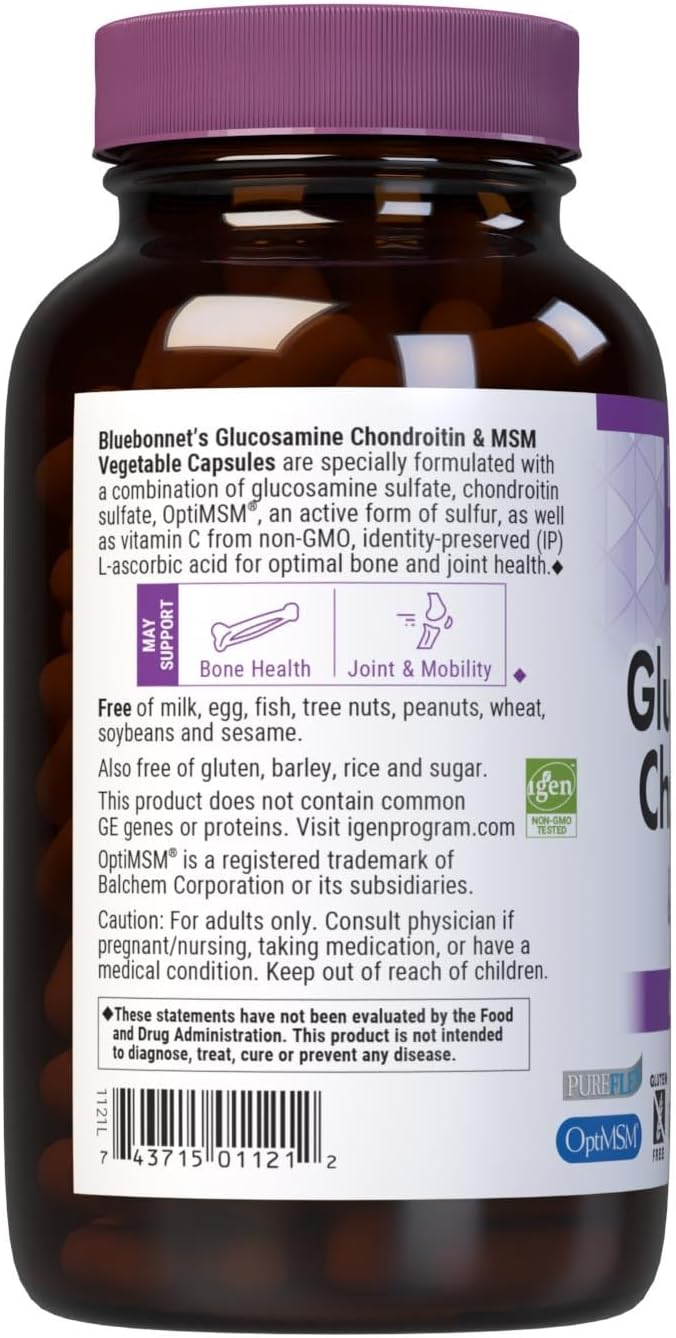 Bluebonnet Nutrition Glucosamine Chondroitin Plus MSM Glucosamine Chondroitin Sulfate Vitamin C &amp OptiMSM Bone &amp Joint Health Non GMO Gluten Free Soy Free Milk Free 180 Vegetable Caps