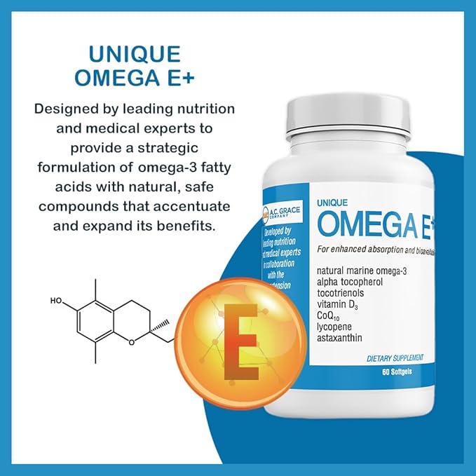 UNIQUE E A.C. Grace Company Omega E+ - Fish Oil Supplement - with Marine Omega-3 Fatty Acids Vitamin E Vitamin D3 and CoQ10 - Helps Support Heart Brain and Skin Health - 60 Softgels