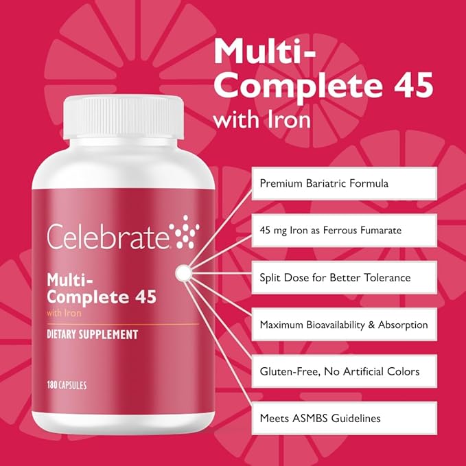 Celebrate Vitamins Multi-Complete 45mg Iron – Daily Bariatric Multivitamin for Sleeve Gastrectomy and Gastric Bypass Surgery Patients – Essential Vitamins &amp Minerals (180 Capsules)