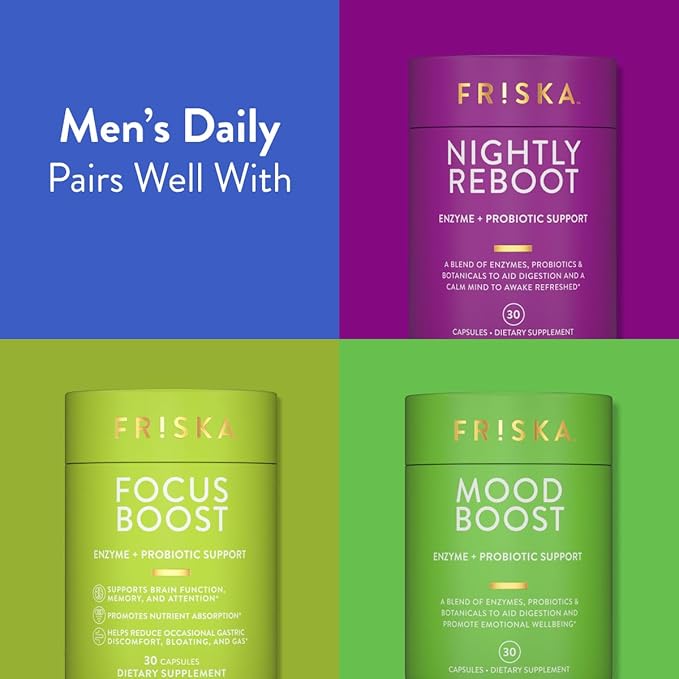 Friska Men’s Daily Gut Support - Digestive Enzymes Probiotics to Help Break Down Foods Supports Energy &amp Nutrient Absorption with Vitamins B6 &amp B12 90 Capsules