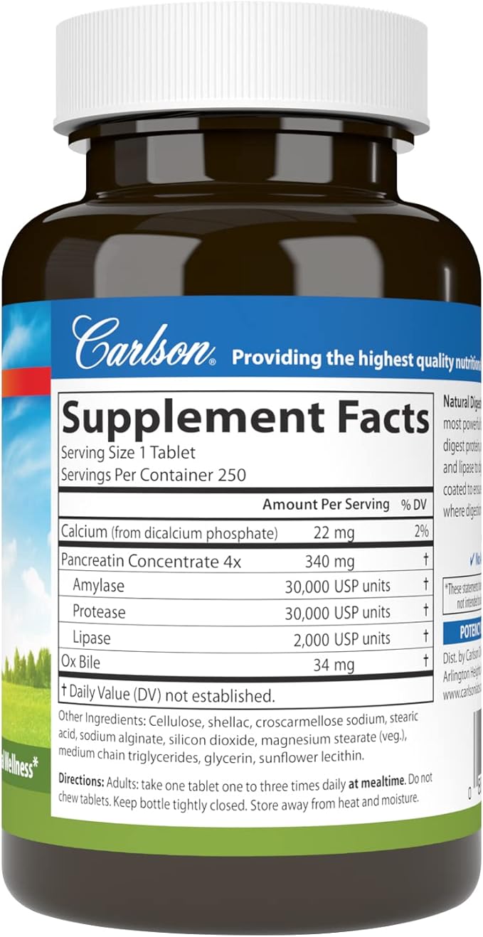 Carlson - Natural Digestive Enzymes Digestive Aid #34 with Protease Amylase &amp Lipase Digestive Support Nutrient Absorption &amp Optimal Wellness 250 Tablets