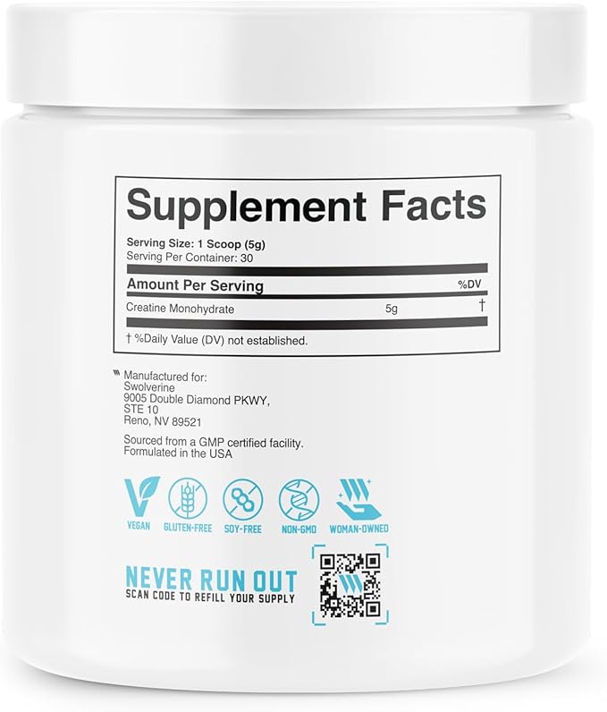 Swolverine Creatine Monohydrate Powder - 5g Micronized Creatine Third-Party Tested Single-Ingredient Supports Muscle Strength Power Recovery &amp High-Intensity Performance 30 Servings Unflavo
