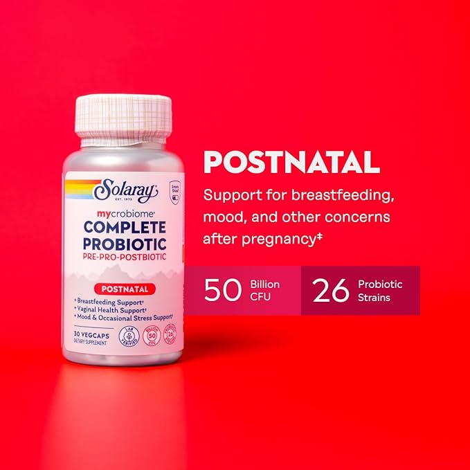 SOLARAY Mycrobiome Complete Probiotic Postnatal - Pre and Probiotics for Women and Men Plus Postbiotic - 50 Billion CFU 23 Strains - Vegan Clinically Studied Ingredients - 30 Servings 30 VegCaps