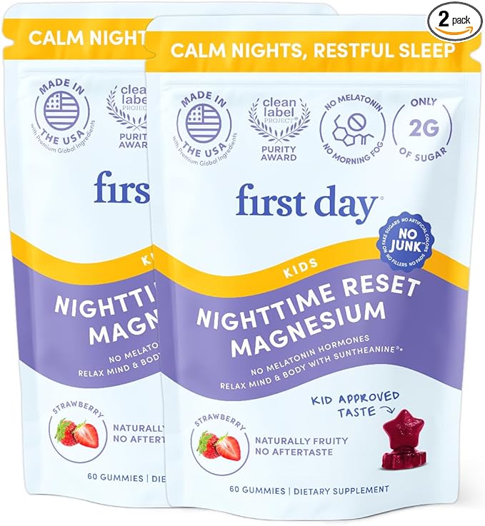 FIRST DAY Magnesium for Kids Gummies – Calm Kids Magnesium Citrate Gummies to Support Sleep &amp Relaxation – Bedtime Supplement with Suntheanine® L-Theanine NO Melatonin - Strawberry - 30-Day Suppl