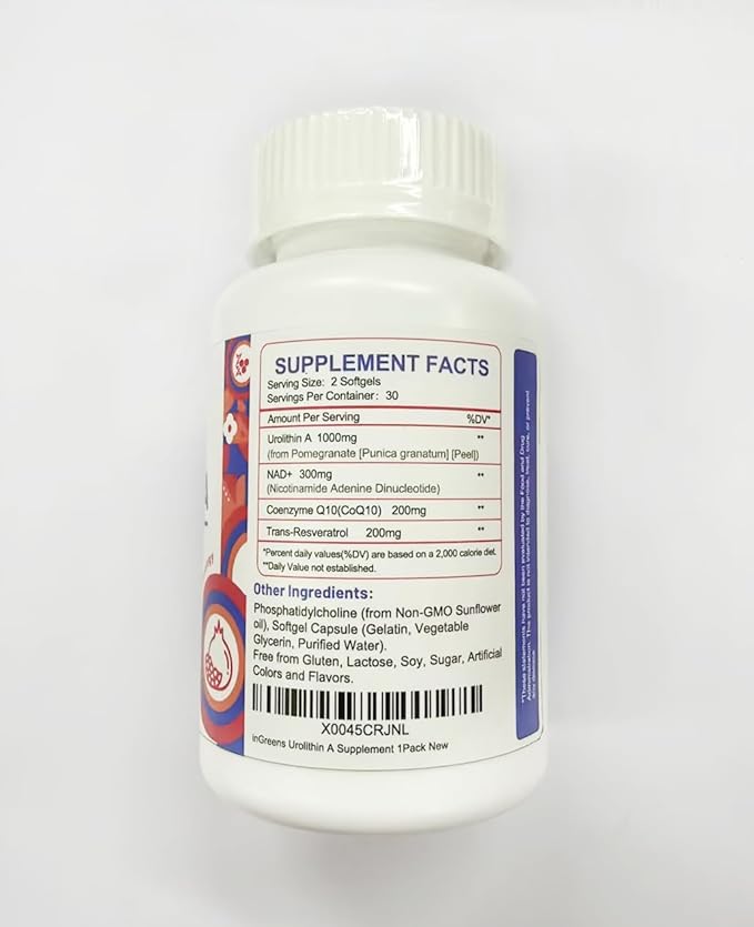 inGreens Urolithin A 1000mg with NAD+ 300mg CoQ10 200mg and Trans-Resveratrol 200mg Supplement 60 Softgels