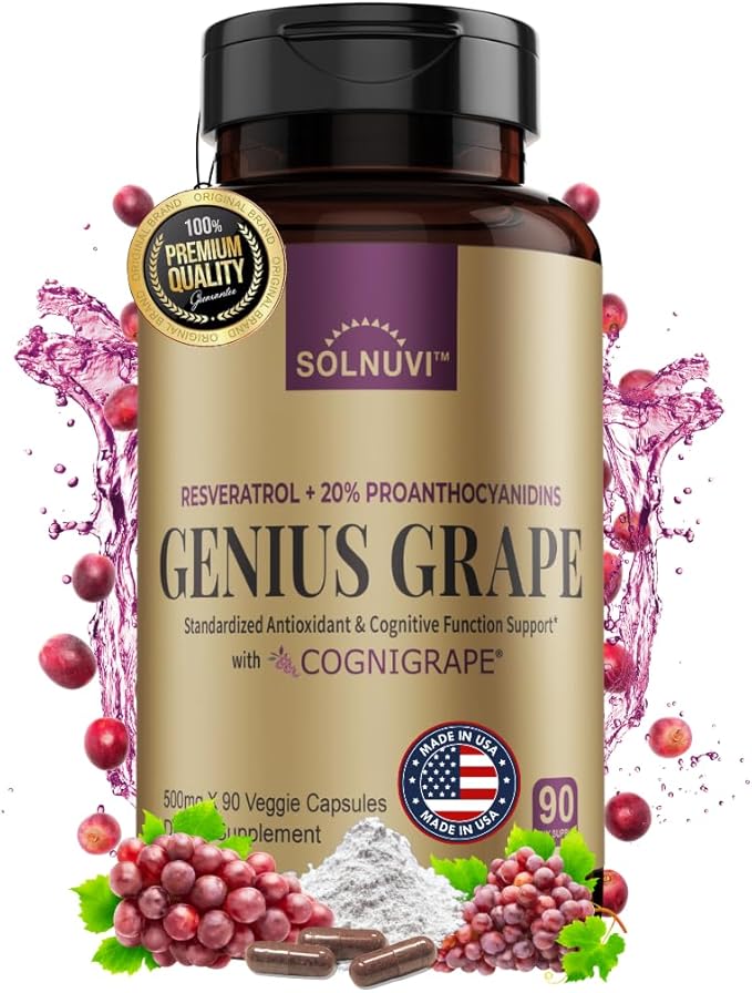 Resveratrol Complex Supplement with Clinically Tested Cognigrape Red Grape Extract OPC Proanthocyanidins - Antioxidant &amp Brain Health Support - 90 Veggie Capsules Non-GMO Gluten-Free Vegan