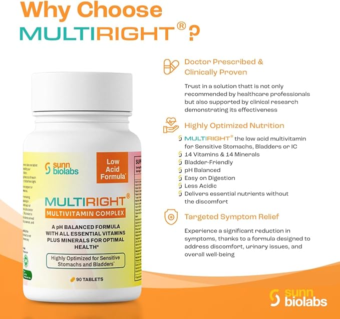 MULTIRIGHT | LOW ACID MULTIVITAMIN for Sensitive Stomachs Bladders | 14 Vitamins &amp 14 Minerals | Bladder-Friendly pH Balanced | Easy on Digestion-Less Acidic | Buffered Vitamin C | 270 Tablets (