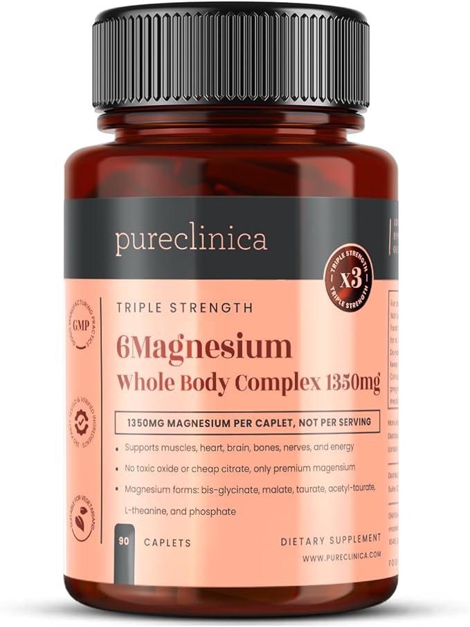 Double Strength Magnesium Whole Body Complex 1350mg x 90 Caplets – 247mg Elemental Magnesium – 6 Superior Forms for Muscle Heart Brain &amp Bone Support – 3 Months Supply