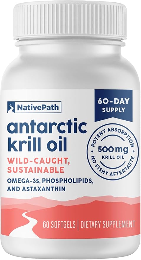 NativePath Antarctic Krill Oil - Wild-Caught Omega 3 Krill Oil 500mg Softgels with EPA DHA and Astaxanthin - Supplement for Joint Heart Brain and Immunity - 60 ct - No Fishy Aftertaste