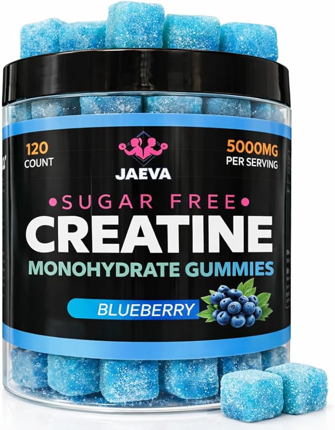Jaeva Sugar Free Creatine Monohydrate Gummies 5g 5000mg for Men &amp Women Blueberry - 120 Count Pre Workout Energy Boost for Building Muscle and Strength Vegan Non-GMO - 3rd Party lab Tested