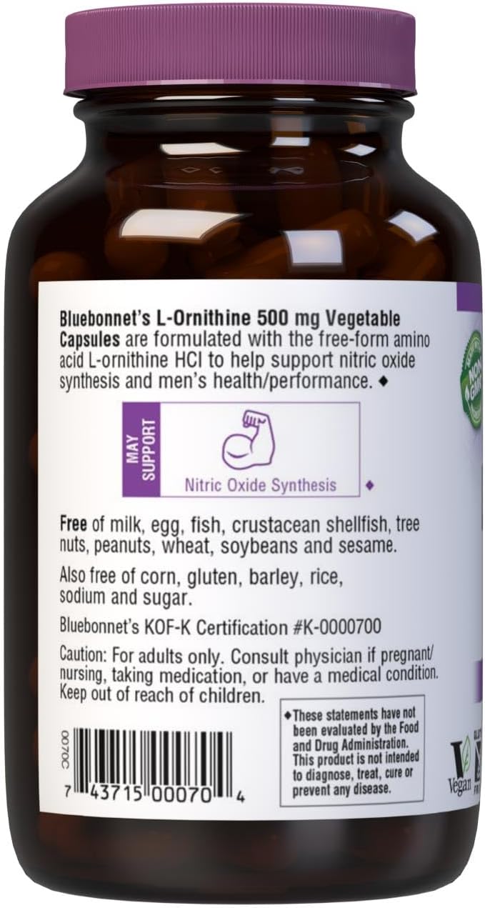 Bluebonnet Nutrition L-Ornithine 500mg Free-Form Amino Acid for Healthy Protein Metabolism* Soy-Free Gluten-Free Non-GMO Kosher Certified Vegan 100 Vegetable Capsules 100 Servings