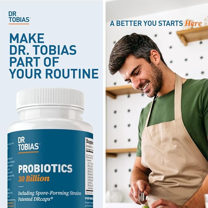 Dr. Tobias Probiotics 30 Billion 10 Strains 30 Billion CFU's Targeted Release Probiotics for Women &amp Men Supports Digestive Health Shelf-Stable Non-GMO 60 Capsules 60 Servings
