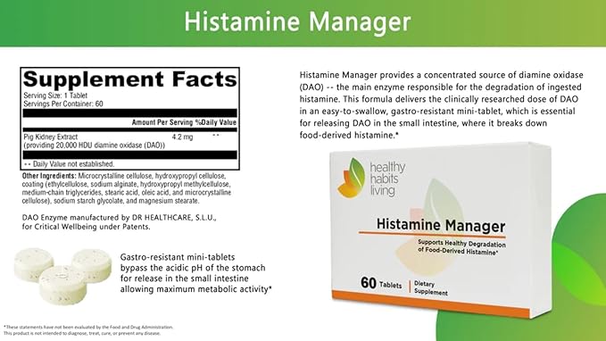 Histamine Manager – New and Improved Formula 20000 HDU of Diamine Oxidase DAO per tablet – Digestive Enzyme to Help Block and Manage Food-Derived Histamine Intolerance – 60 Tablets (1 Box)