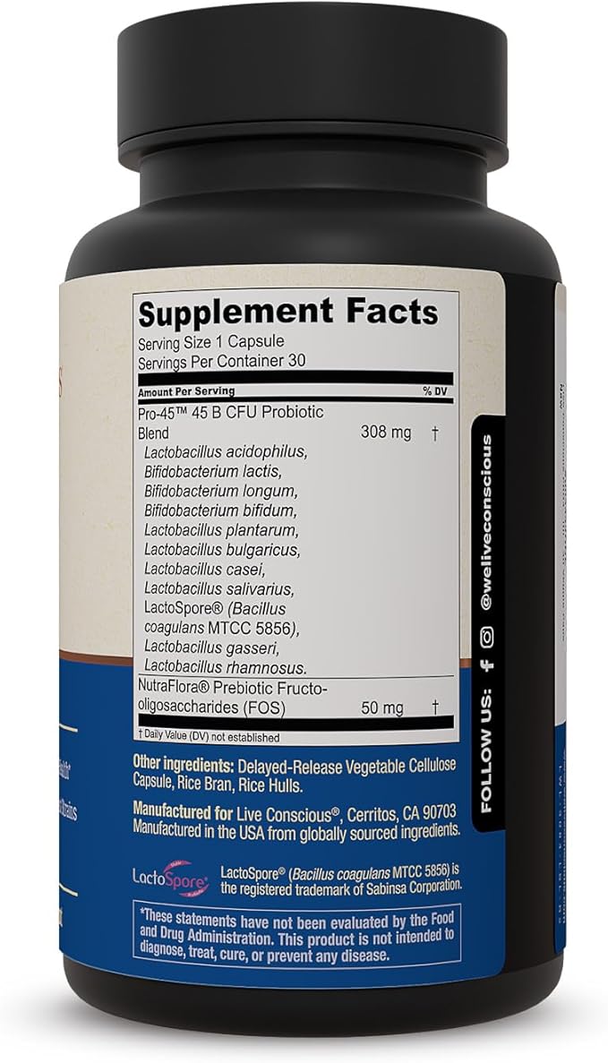 Live Conscious PRO45: Probiotic Formula 45 Billion CFU 11 Comprehensive strains. Dairy Free. Delayed Release Veggie caps. Promotes Immune and Digestive Health. 60 Capsules (2-Pack)