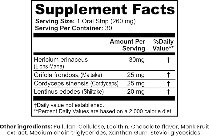 RABI Mushroom Mind Support Strips| Dissolvable Oral Strips | 30 Count (Chocolate)