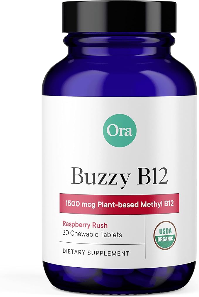 Ora Organic Vitamin B12 1500mcg - Plant-Based methylcobalamin for Adults - Natural Stimulant-Free Energy Raspberry Flavor chewable Tablets no Added Sugar - 30 Tablets