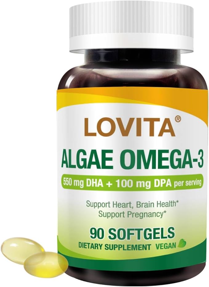 Lovita Algae Omega-3 Vegan and Plant-Based DHA &amp DPA Fish Oil Alternative 1000mg Algae Oil Support Heart and Brain Health Carrageen-Free 90 Softgels