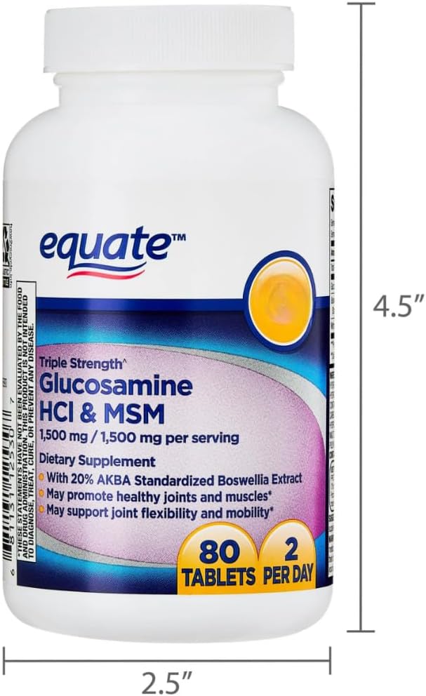 Equate Triple Strength Glucosamine HCI 1500mg + MSM 1500mg + Boswellia Extract Tablets 80 Count Sticker
