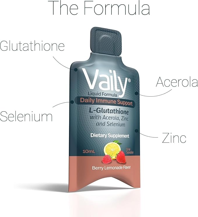 Vaily Immune Support Supplement for Adults - Liquid Glutathione Supplement 500 mg w/Acerola Vitamin C Zinc &amp Selenium - High Potency Antioxidant Skin Health Detox Every Day - 30 Single-dose Vial