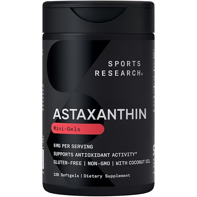 Sports Research Astaxanthin Supplement from Algae - Softgels for Antioxidant Activity Skin &amp Eye Health Support - Made with Coconut Oil Non-GMO Verified &amp Gluten Free - 6mg 120 Count