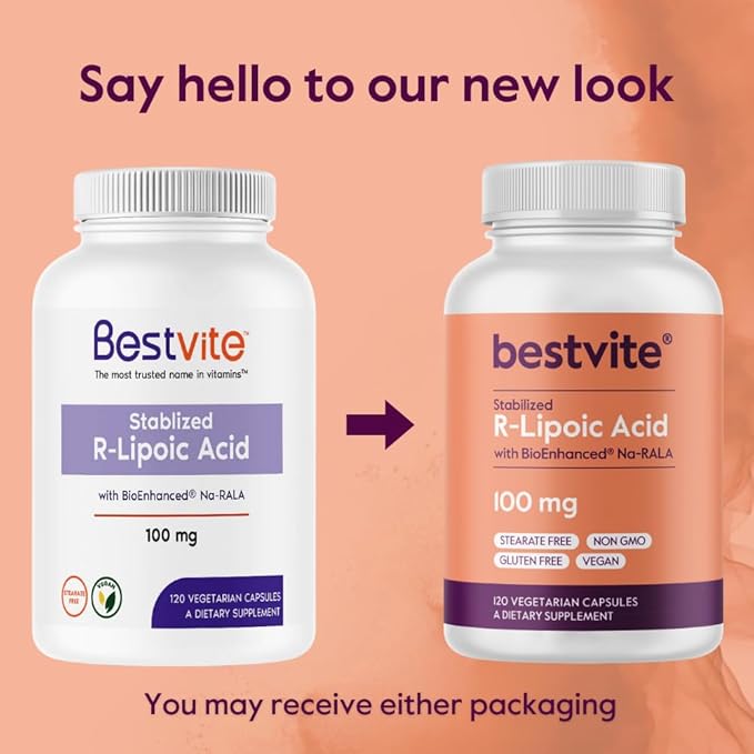 BESTVITE R-Lipoic Acid 100mg Stabilized with Bio-Enhanced® Na-RLA (120 Vegetarian Capsules) No Stearates - No Flow Agents - Vegan - Non-GMO - Gluten Free
