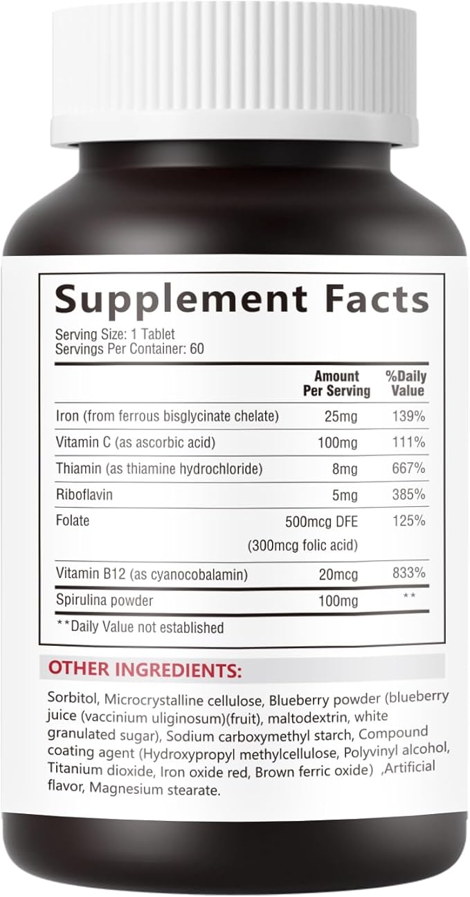 Gentle Iron (Ferrous Bisglycinate Chelate) with Vitamin C B12 &amp Folate — 25 mg Iron — 60 Tablets 2-Month Supply