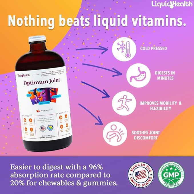 LIQUIDHEALTH Optimum Joint Support Supplement with Glucosamine Chondroitin MSM Hyaluronic Acid - Triple Strength Liquid Vitamins Gluten-Free Dairy-Free Soy-Free Joint Juice Made in USA (32 oz)