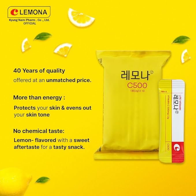 LEMONA Official Vitamin C Powder 500mg Korean Supplements Immune Support B6 B2 On-The-Go Packets Vitamin Healthy Living Easy to Take Daily Energy Boost Korean Food Snacks Lemon (70Sticks)
