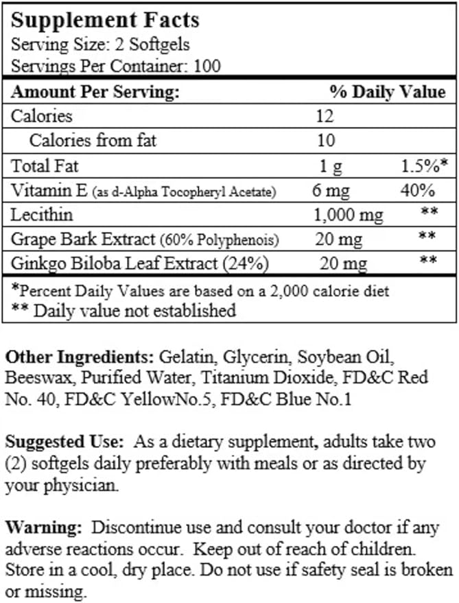 Nu-Health Hyper Lecithin Brain &amp Circulation Support – Soy Lecithin with Ginkgo Biloba Grape Seed Extract &amp Vitamin E – Cognitive Function Memory &amp Focus Supplement 200 Softgels