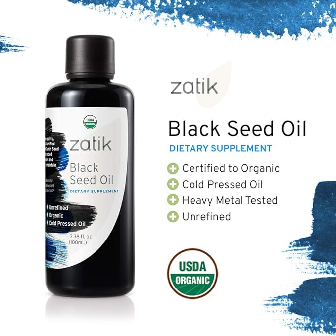 Zatik Naturals - Black Cumin Seed Oil Unrefined USDA Organic Cold-Pressed - Higher EFAs Natural Immune Booster and All-Natural Defense Mechanism. 3.38 fl oz (100mL)