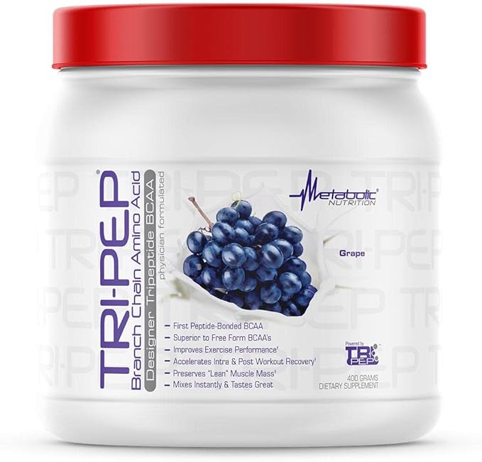 Metabolic Nutrition - TRIPEP - Tri-Peptide Branch Chain Amino Acid BCAA Powder Pre Intra Post Workout Supplement Grape 400 Grams (40 Servings)