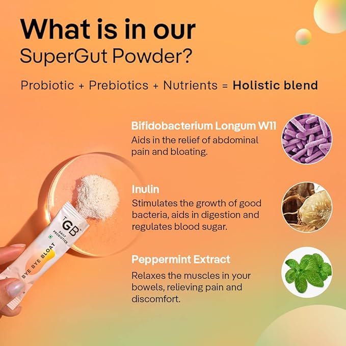 Prebiotic + Probiotic Gut Health Bloating Relief for Men &amp Women - Helps with Gas Bloat &amp Digestive Health - Boost immunity with Peppermint &amp Inulin Synbiotic Fiber Powder 2.5 Bn CFU -