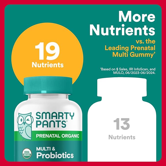 SmartyPants Organic Prenatal Vitamins for Women Multivitamin: Probiotics Biotin Methylfolate Omega3(ALA) VitaminD3C VitaminB12 B6 A K2 &amp ZincCholine (30 Day Supply) 120 Count (Pack of