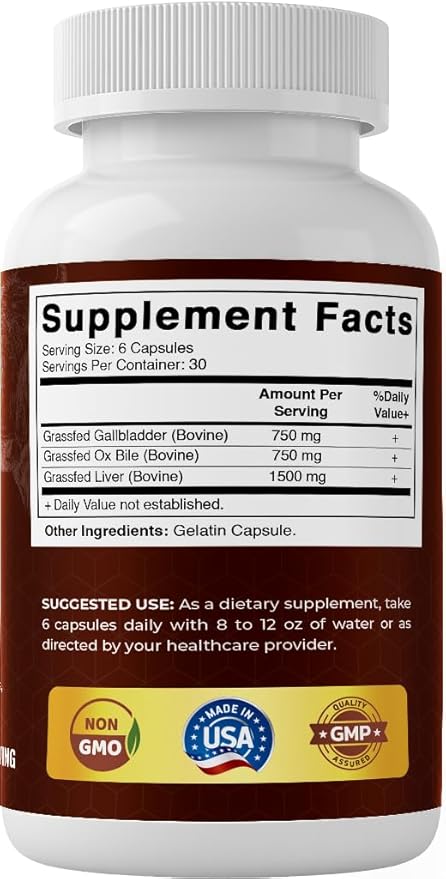 Vitamatic Grass-Fed Beef Gallblader with Bile &amp Liver 180 Capsules – Freeze-Dried Non-GMO Bovine Liver Supplement – Pasture-Raised Glandular-Based Formula