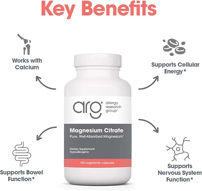 Allergy Research Group Magnesium Citrate - Supports Energy Levels Bone Health &amp Stress Response - Delivers 170 mg Magnesium Citrate - Bioavailable - 180 Servings - 180 Capsules