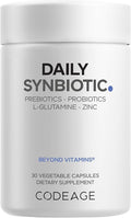 Codeage Daily Synbiotic Supplement - Prebiotics Lactobacillus &amp Bifidobacterium Probiotics L-Glutamine Zinc L-Carnosine DGL Synbiotic Probiotic BioPerine - Shelf-Stable - 30 Capsules