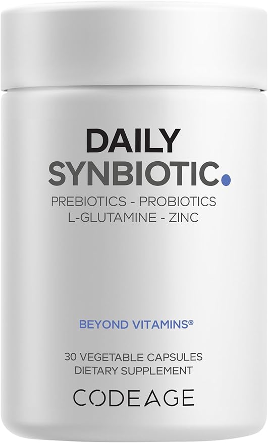 Codeage Daily Synbiotic Supplement - Prebiotics Lactobacillus &amp Bifidobacterium Probiotics L-Glutamine Zinc L-Carnosine DGL Synbiotic Probiotic BioPerine - Shelf-Stable - 30 Capsules