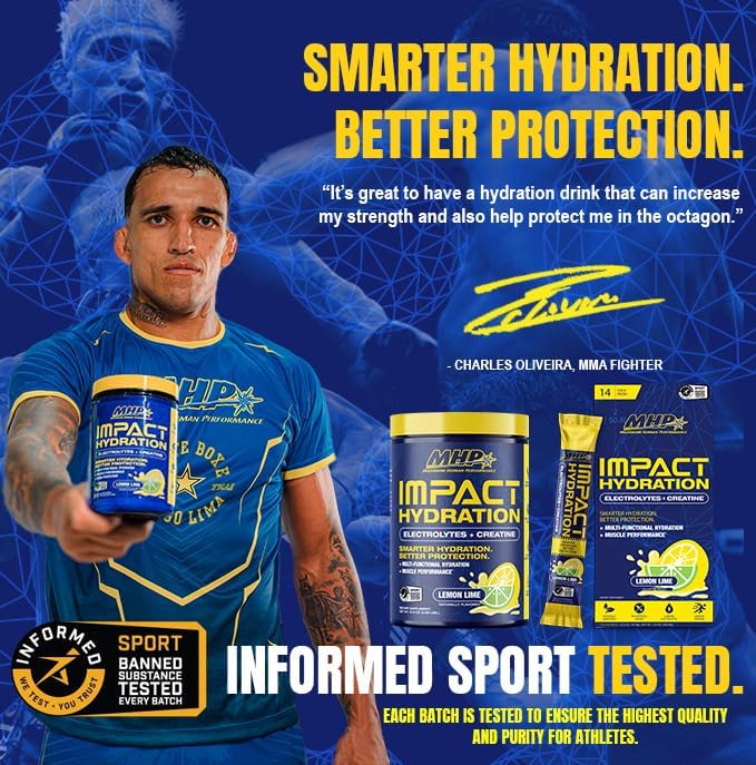 MHP Impact Hydration Electrolyte Creatine Sports Drink Mix No Artificial Sweeteners or Colors Performance Strength Recovery Lemon Lime 30 Servings
