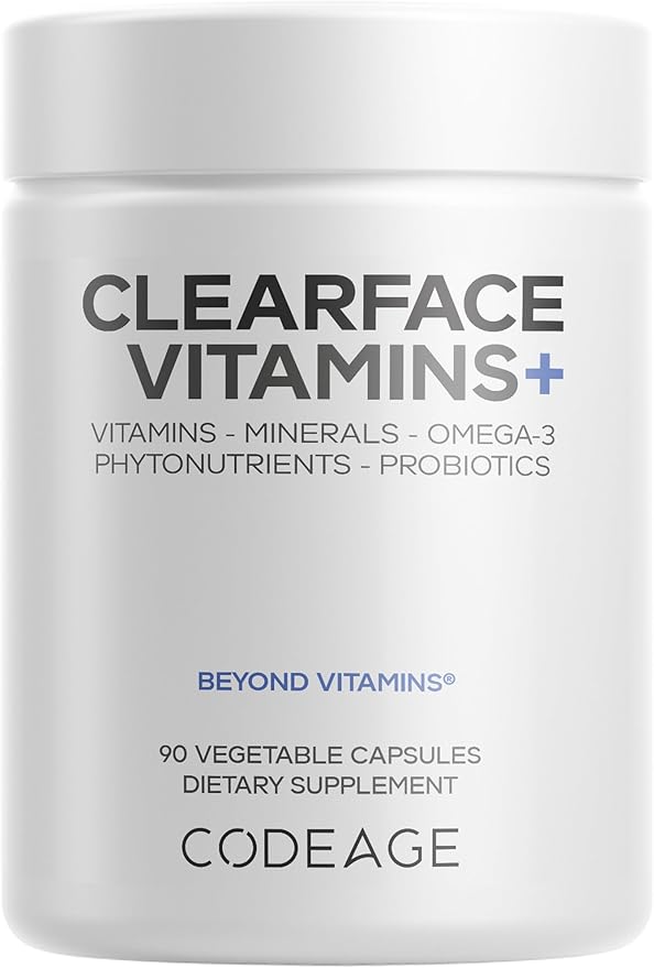 Codeage Clearface Pantothenic Acid Niacin Supplement Vitamins A C D3 E Probiotics Zinc Riboflavin Thiamin L-Lysine HCL &amp Omega-3 Niacinamide Skin Botanical Blend - Non-GMO - 90 Capsule