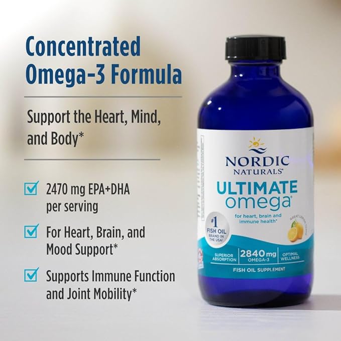 Nordic Naturals Ultimate Omega Liquid Lemon Flavor - 8 oz - 2840 mg Omega-3 - High-Potency Fish Oil Supplement with EPA &amp DHA - Promotes Brain &amp Heart Health - Non-GMO - 48 Servings
