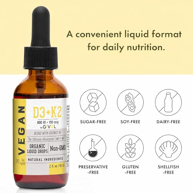 D3 + K2 Liquid Drops with MK-4 &amp MK-7 –Non-GMO Gluten-Free Sugar-Free Easy Absorption Liquid Spray for Kids &amp Adults - 2 Fl Oz/60 ml 240 Day Supply