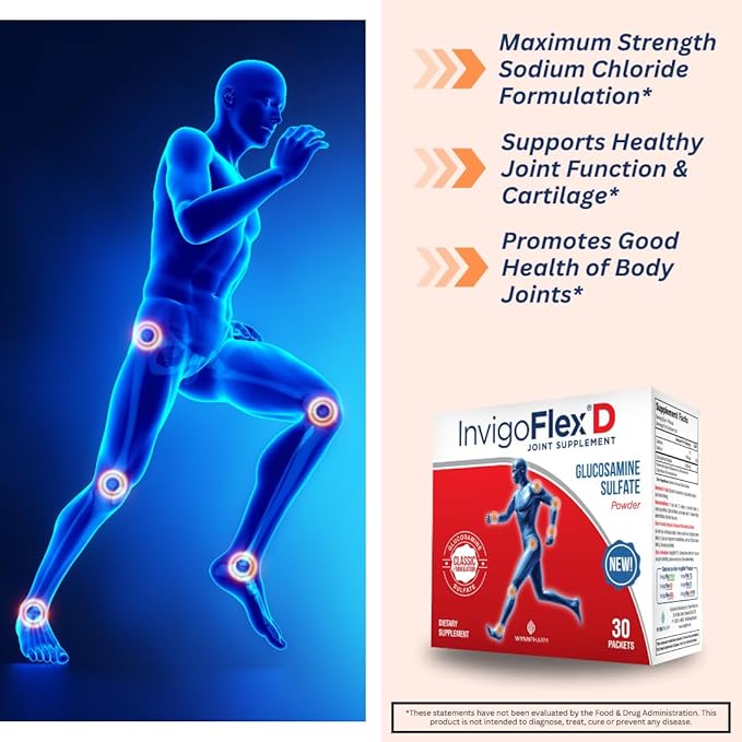 INVIGOFLEX® D - 1500mg of Glucosamine Sulfate Powder (Classic Formulation) - Premium Joint Supplement for Knees Hands Back and Hip Support Packets | 30 Packets