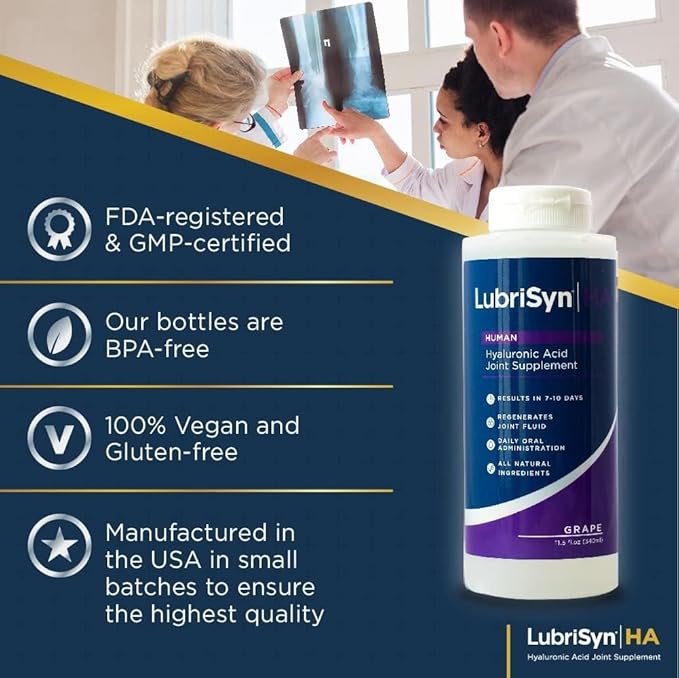 Lubrisyn Hyaluronic Acid Oral Joint Supplement – Liquid HA Formula for Humans – Promotes Joint Support Mobility Flexibility Hydration &amp Healthy Function for Men &amp Women – Grape Flavor 11.5o