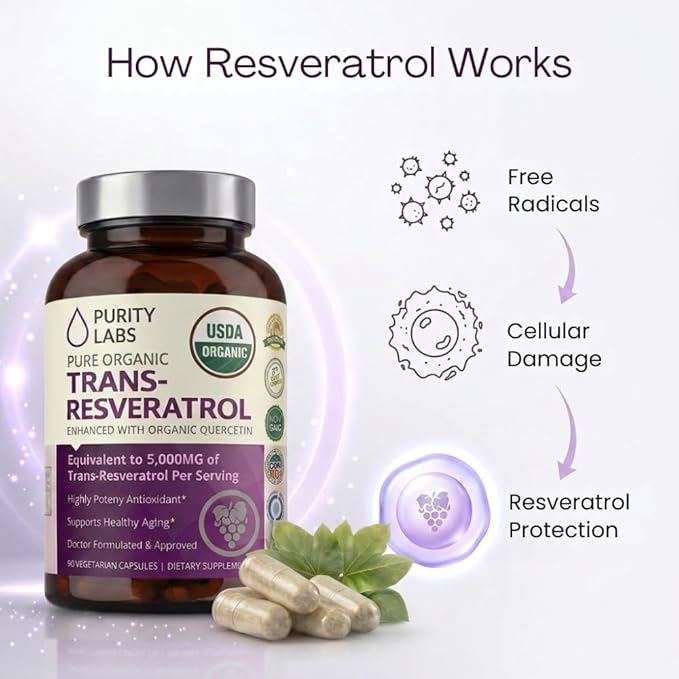 Purity Labs Trans-Resveratrol Supplement 5000 mg Equivalent per Serving with Quercetin USDA Organic High Potency Antioxidant Vegan Capsules 90 Count